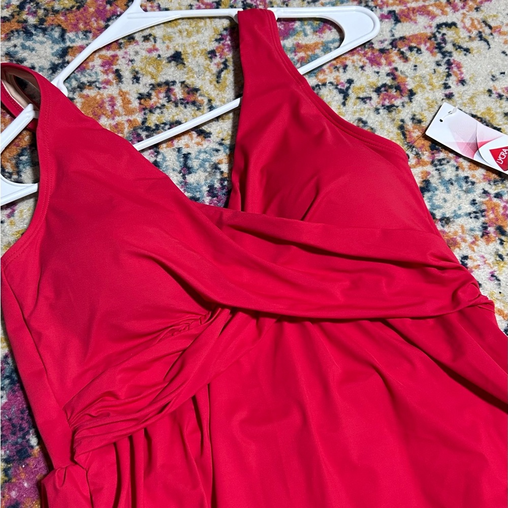 Red V-Neck Women's Swim Dress - Picture 5 of 13